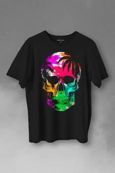 Rengarenk Kafatası Skull Head Gökkuşağı Renkleri Baskılı Tişört Unisex T-Shirt