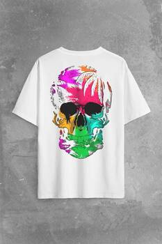 Rengarenk Kafatası Skull Head Gökkuşağı Renkleri Sırt Ön Baskılı Oversize Tişört Unisex T-Shirt