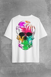 Rengarenk Kafatası Skull Head Gökkuşağı Renkleri Sırt Ön Baskılı Oversize Tişört Unisex T-Shirt - Thumbnail