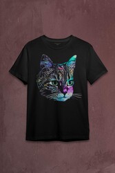 Rengarenk Kedi Gökkuşağı Renkleri Cat Baskılı Tişört Unisex T-shirt - Thumbnail