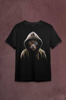 Renkli Gözlü Hacker Korsan Kedi Cat Baskılı Tişört Unisex T-shirt