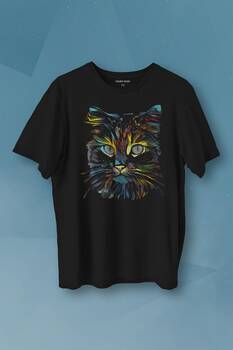 Renkli Sevimli Kedi Rengarenk Minnoş Cat Baskılı Tişört Unisex T-shirt