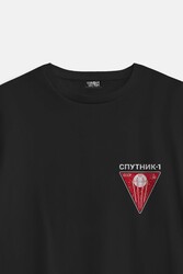 Retro Sputnik Logo CCCP Sovyet Space Uzay Bilim Minimal Baskılı Siyah Oversize T-shirt - Thumbnail