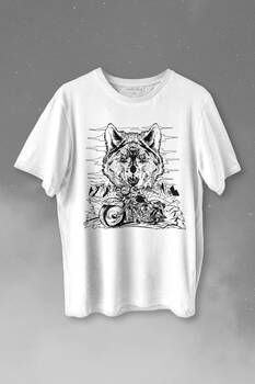 Ride To Wild Wolf And Motorcycle Kurt Ve Motor Outdoor Baskılı Tişört Unisex T-shirt