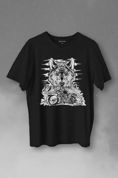 Ride To Wild Wolf And Motorcycle Kurt Ve Motor Outdoor Baskılı Tişört Unisex T-Shirt