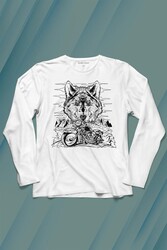 Ride To Wild Wolf And Motorcycle Kurt Ve Motor Outdoor Uzun Kollu Tişört Baskılı T-Shirt - Thumbnail