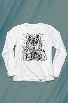 Ride To Wild Wolf And Motorcycle Kurt Ve Motor Outdoor Uzun Kollu Tişört Baskılı T-Shirt