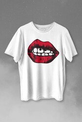 Seksi Dudaklar Sexy Piercing Kadın Ağzı Baskılı Tişört Unisex T-shirt - Thumbnail