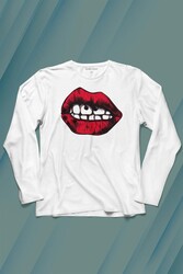 Seksi Dudaklar Sexy Piercing Kadın Ağzı Uzun Kollu Tişört Baskılı T-Shirt - Thumbnail