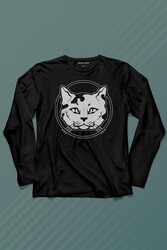 Sevimli Kedi Minik Bıyıklı Cat Minnoş Uzun Kollu Tişört Baskılı T-Shirt - Thumbnail