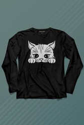 Sevimli Kedi Minik Patili Bıyıklı Cat Minnoş Uzun Kollu Tişört Baskılı T-Shirt - Thumbnail