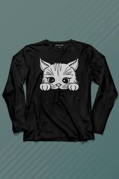 Sevimli Kedi Minik Patili Bıyıklı Cat Minnoş Uzun Kollu Tişört Baskılı T-Shirt