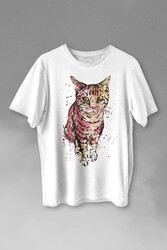 Sevimli Masum Rengarenk Kedi Çizim Silüeti Baskılı Tişört Unisex T-shirt - Thumbnail