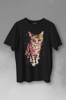 Sevimli Masum Rengarenk Kedi Çizim Silüeti Baskılı Tişört Unisex T-Shirt