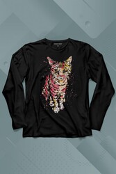 Sevimli Masum Rengarenk Kedi Çizim Silüeti Uzun Kollu Tişört Baskılı T-Shirt - Thumbnail