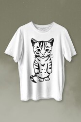 Sevimli Minik Patili Bıyıklı Cat Minnoş Mahçup Üzgün Kedi Baskılı Tişört Unisex T-shirt - Thumbnail