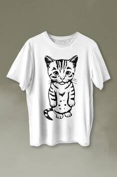 Sevimli Minik Patili Bıyıklı Cat Minnoş Mahçup Üzgün Kedi Baskılı Tişört Unisex T-shirt