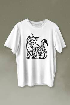 Sevimli Minik Patili Bıyıklı Cat Minnoş Mahçup Üzgün Kedi Baskılı Tişört Unisex T-shirt