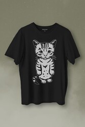 Sevimli Minik Patili Bıyıklı Cat Minnoş Mahçup Üzgün Kedi Baskılı Tişört Unisex T-Shirt - Thumbnail