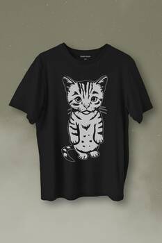 Sevimli Minik Patili Bıyıklı Cat Minnoş Mahçup Üzgün Kedi Baskılı Tişört Unisex T-Shirt