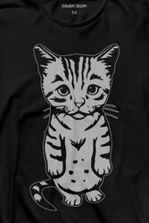 Sevimli Minik Patili Bıyıklı Cat Minnoş Mahçup Üzgün Kedi Uzun Kollu Tişört Baskılı T-Shirt - Thumbnail