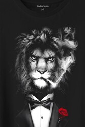 Sigara İçen King Suit Aslan Kafası Baskılı Tişört Unisex T-Shirt - Thumbnail