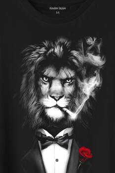 Sigara İçen King Suit Aslan Kafası Baskılı Tişört Unisex T-Shirt