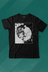 Siyah Beyaz Ying Yang İyilik Kötülük Asil Kurt Bozkurt Baskılı Tişört Çocuk T-shirt - Thumbnail