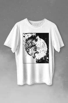 Siyah Beyaz Ying Yang İyilik Kötülük Asil Kurt Bozkurt Baskılı Tişört Unisex T-shirt