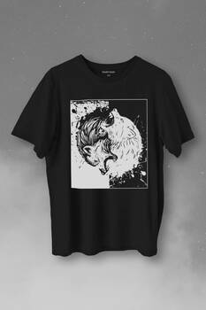 Siyah Beyaz Ying Yang İyilik Kötülük Asil Kurt Bozkurt Baskılı Tişört Unisex T-Shirt