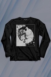 Siyah Beyaz Ying Yang İyilik Kötülük Asil Kurt Bozkurt Uzun Kollu Tişört Baskılı T-Shirt - Thumbnail