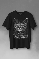 Siyah Kedi Black Cat Çizim Baskılı Tişört Unisex T-Shirt - Thumbnail