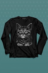 Siyah Kedi Black Cat Çizim Uzun Kollu Tişört Baskılı T-Shirt - Thumbnail