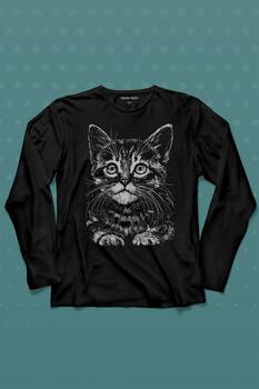 Siyah Kedi Black Cat Çizim Uzun Kollu Tişört Baskılı T-Shirt