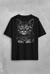 Siyah Kedi Black Cat Silüet Çizim Sırt Ön Baskılı Oversize Tişört Unisex T-Shirt - Thumbnail