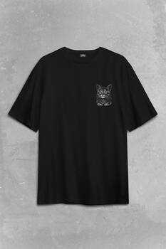 Siyah Kedi Black Cat Silüet Çizim Sırt Ön Baskılı Oversize Tişört Unisex T-Shirt