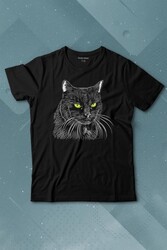 Siyah Kedi Yeşil Gözlü Black Cat Çizim Baskılı Tişört Çocuk T-shirt - Thumbnail