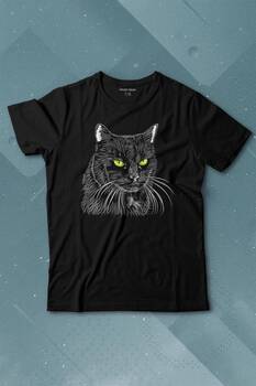 Siyah Kedi Yeşil Gözlü Black Cat Çizim Baskılı Tişört Çocuk T-shirt