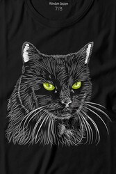 Siyah Kedi Yeşil Gözlü Black Cat Çizim Baskılı Tişört Çocuk T-shirt - Thumbnail