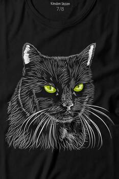 Siyah Kedi Yeşil Gözlü Black Cat Çizim Baskılı Tişört Çocuk T-shirt