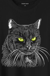 Siyah Kedi Yeşil Gözlü Black Cat Çizim Baskılı Tişört Unisex T-Shirt - Thumbnail