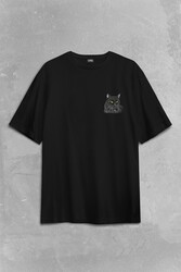 Siyah Kedi Yeşil Gözlü Black Cat Çizim Sırt Ön Baskılı Oversize Tişört Unisex T-Shirt - Thumbnail