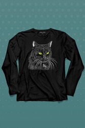 Siyah Kedi Yeşil Gözlü Black Cat Çizim Uzun Kollu Tişört Baskılı T-Shirt - Thumbnail