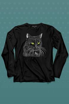 Siyah Kedi Yeşil Gözlü Black Cat Çizim Uzun Kollu Tişört Baskılı T-Shirt