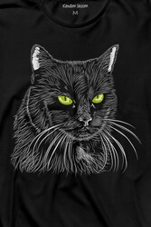 Siyah Kedi Yeşil Gözlü Black Cat Çizim Uzun Kollu Tişört Baskılı T-Shirt - Thumbnail