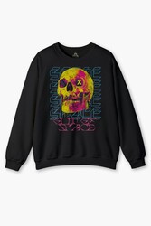 Siyah Sweat Thermal Skull Y2K Renkli Kuru Kafa Streetwear Urban Baskılı Sweatshirt - Thumbnail