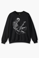 Siyah Sweatshirt Skeleton Playing Guitar Heavy Metal Skull İskelet Gitar Rock Siyah Baskılı Sweat - Thumbnail