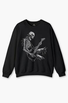 Siyah Sweatshirt Skeleton Playing Guitar Heavy Metal Skull İskelet Gitar Rock Siyah Baskılı Sweat