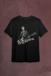 Siyah Unisex Tshirt Sid Vicious Sex Pistols Bass Guitar Music Punk Baskili Tisort - Thumbnail