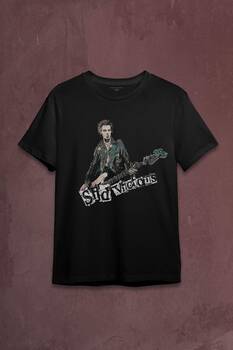 Siyah Unisex Tshirt Sid Vicious Sex Pistols Bass Guitar Music Punk Baskili Tisort